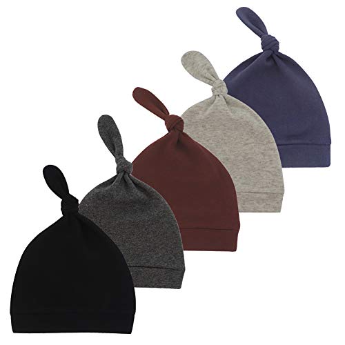 Whteian Baby Hat Newborn Infant Baby Boys Beanie Hats Baby Toddlers Kids Soft Cotton Knot Skull Caps 0-5T 5-Pack (0-10 Months, 5 Color (Brown,Grey, Black, Dark Grey, Dark Blue))