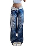 Women's Low Rise Heart Pattern Baggy Jeans Washed Wide Leg Denim Cargo Pants