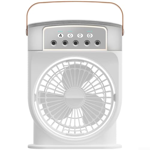 Ventilador de niebla portátil con 5 boquillas, tanque de agua de 600 ml, enfriador de aire USB de 3 velocidades, rotación de 180 grados y luz de 7 colores para dormitorio, oficina (no recargable)