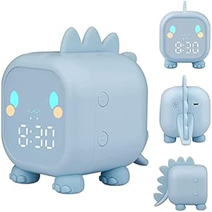 FSYEU Sveglia per bambini, sveglia digitale con dinosauro per bambini, lampada da comodino, luce notturna con funzione snooze, timer e temperatura timer, sveglia per bambini, ragazzi e ragazze (blu)