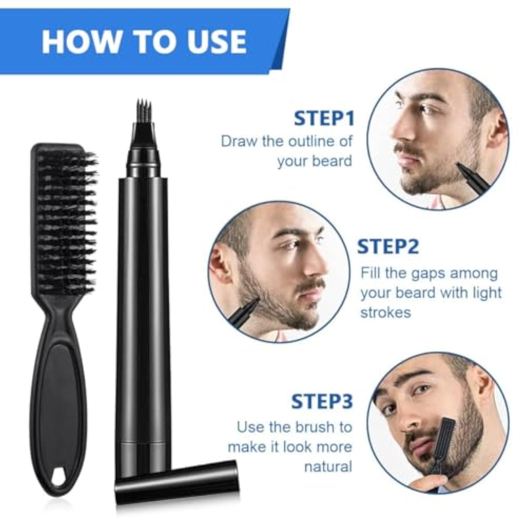 Beard Pencil Filler for Men, Waterproof Styling Pen with Brush