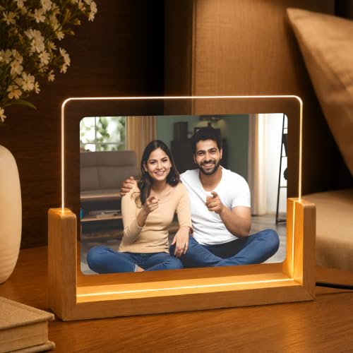 Image of Giftplease Personalized LED Acrylic Photo Frame for Couple with Custom Picture, Wooden Base Night Lamp, Romantic Bedroom Table Decor, Anniversary Memory Display, Birthday, Housewarming, Wedding
