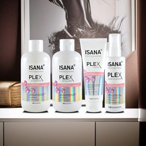 PLEX Kit de soin capillaire ISANA Professional (4 pièces) | Shampoing, après-shampoing, masque et sérum | Soin réparateur avec Kerarice pour cheveux abîmés et abîmés | Végétalien et sans silicone