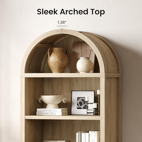 Image of ModernMate 76 inch Tall Arched Bookcase, 5 Tier Fluted Cabinet with Doors & Adjustable Shelves, Large Arch Bookshelf with Storage, Modern Open Display Tall Pantry for Living Room, Office, Natural Oak