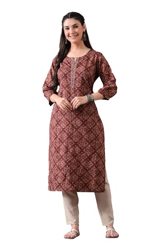 Image of Ichaa Women's Pure Cotton Embroidered Round-Neck Ethnic Kurta with 3 /4th Sleeve for Daily and Office Wear, in Plus Sizes