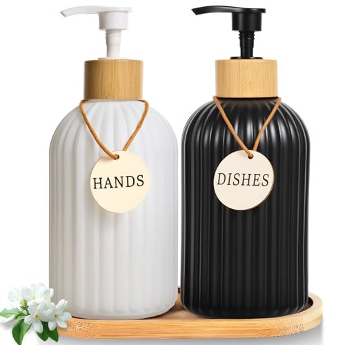 Image of 2 Pack ViserVita Glass Hand Soap Dispenser Set with Bamboo Pump, Elegant Refillable Liquid Dish Soap Dispenser with Tray, Perfect for Kitchen Sink and Bathroom Decor