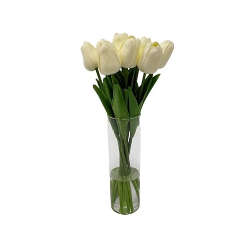Rowen Homes Cream Realistic Artificial Faux Tulip Floral Arrangement In Tall Glass Vase - Fake Flowers Centrepiece For Shelf, Table Or Desk Home Decor - Luxury Interiors