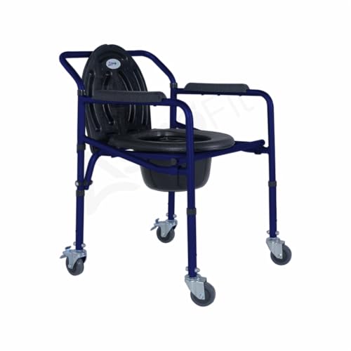 Image of Foldable Commode Chair Height Adjustable Use in Room or Over Toilet, Potty Chair with Armrests, Bedside Commode - Ideal for Adult, Pregnant Women, Elderly - Weight Capacity 100KG (With Wheels - Blue)