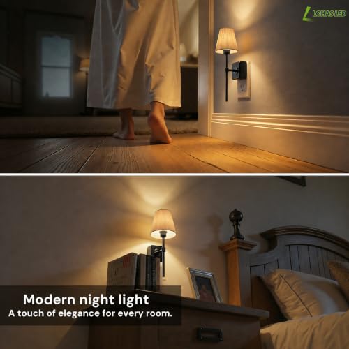 Image of L LOHAS LED Night Lights Plug into Wall, Pleated Fabric Cover Night Light | Dusk to Dawn Sensor Vintage Night Light, 0-100LM Dimmable, for Bedroom Living Room Hallway