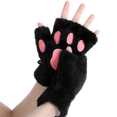 Yolev Fingerlose Katzenpfoten Handschuhe, Süße furry paws handschuhe, Schwarzes Fellzeug, Katzenpfotenhandschuh, Halloween Kostüm, Neuartige Kleidung, Cosplay Zubehör