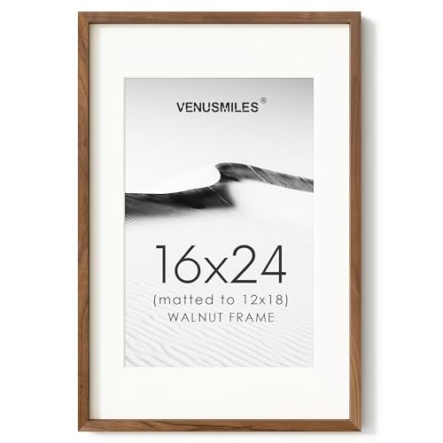 Image of 16x24 Poster Frame, USA-Sourced Natural Walnut Wood Picture Collage Frame with HD Tempered Glass, Modern Simple 16 x 24 Wooden Photo Frame Matted to 12x18, Vertical & Horizontal Wall Hanging Display