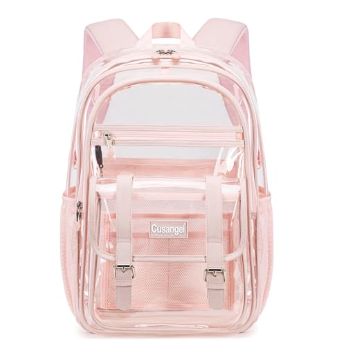 Image of Pink Big Clear Backpack Heavy Duty For Lady,18in XL TPU Bookbag 15Age+ Girl | See Through plastic Stitch durable Design 5-Pocket For School Adults work Warehouses Airport security quick check Adults bag