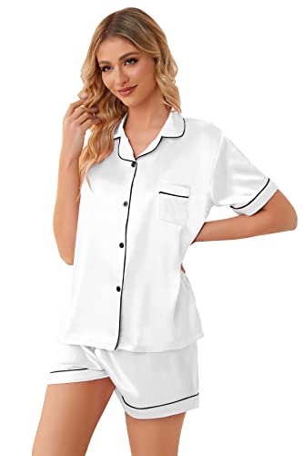 Image of Schbbbta Girls Womens Pajamas, Satin Silky Pjs Set Kids 2Pcs Button-Down Nightwear Sleepwear Gift for Mommy and me