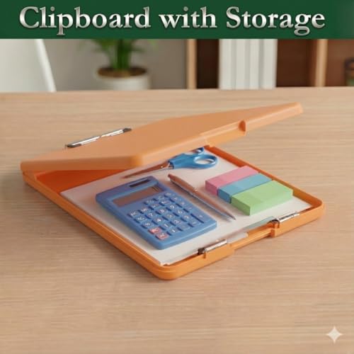 Image of Yajnas Clip Pad /Clipboard with Built-in Storage Compartment and Pen Holder - Durable, Lightweight Writing Pad with Snap Closure - Ideal for Office, School, Fieldwork (Orange Colour)