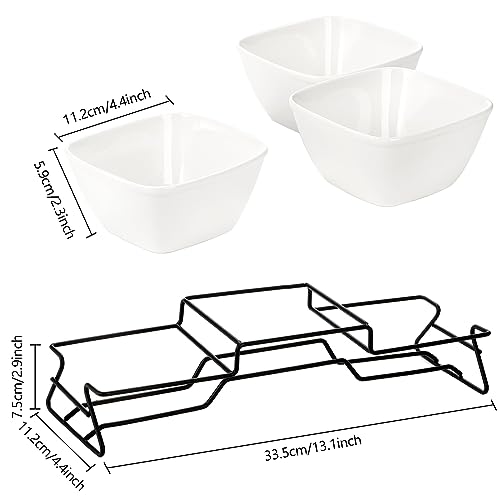 ZENFUN 10 oz Square Bowl Chip & Dip Serving Set, Pocelain Ramekin Bowls with Metal Rack Stand, White Small Serving Dishes, Condiment Serving Tray for Entertaining, Party, Buffets - Image 3