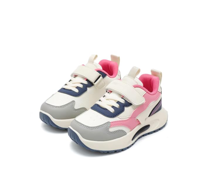 Kids Athletic Sneakers with Hook and Loop Strap, White and Black, Casual Sport Running Shoes