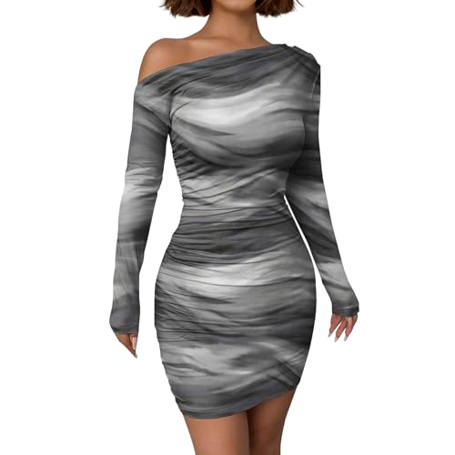 Image of Women's Long Sleeve Bodycon Mini Dress Tie Dye Print Slim Fit Asymmetrical Neck Elegant Formal Ruched Short Dresses