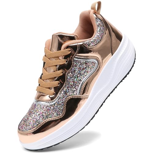 WUIWUIYU Women's Girls' Wedge Platform Shiny PU Sparkly Sequins Glitter Lace-Up Sneakers Street Dance Shoes