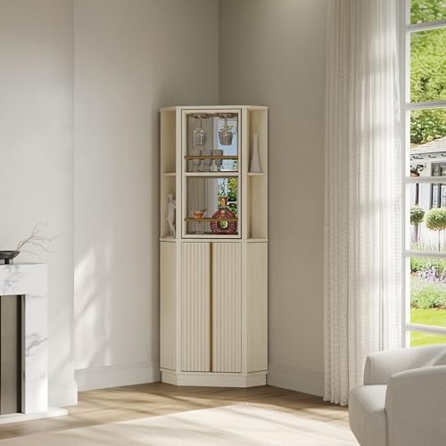 BELLEZE Wine Cabinet with Rotating Rack, 68" Modern Corner Bar Cabinet Tall Home Bar Liquor Storage for Dining Room, Living Room, Kitchen - White Sand