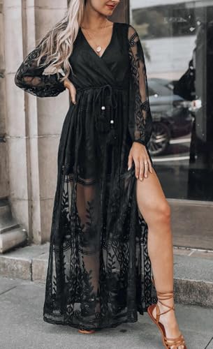 Image of LRISES Womens V Neck Floral Embroidered Lace Wedding Maxi Dress Boho Short Sleeve Slit Bridesmaid Evening Party Dresses