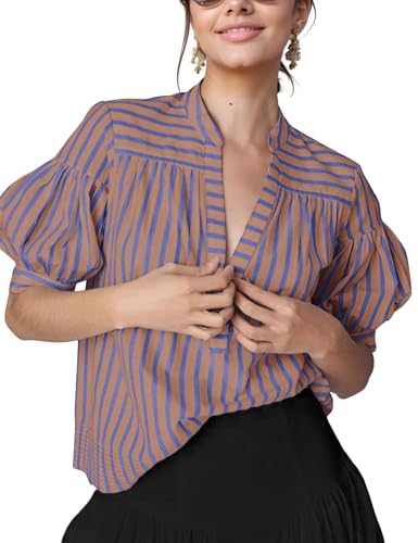 Womens Summer Pleated V Neck T Shirts Short Sleeve Casual Loose Blouses Striped Tunics Swing Top