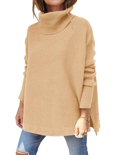 Image of yoeasy Women's Turtleneck Oversized Long Batwing Sleeve Pullover Sweater Spilt Hem Knit Sweater