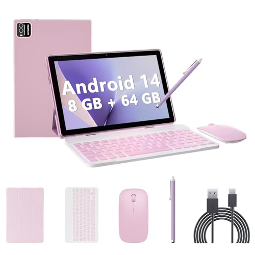 tablet Android 14, tabletas de 10 pulgadas con teclado, 8 GB de RAM+64 GB de ROM+1 TB de tablet expandible, procesador de cuatro núcleos de 1.8 GHz, caso/mouse/lápiz, cámara de 8 MP/batería de 6000