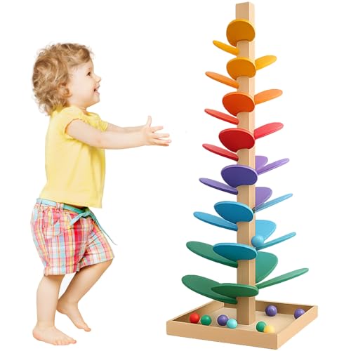 Murmelbahn Holz Klangbaum, Murmelbahn Regenbogen, Murmelturm Musikbaum Lernspielzeug, Holz Kugelbahn Klangbaum Große Kugeln ab 1 Jahr, Montessoris Spielzeug (A)