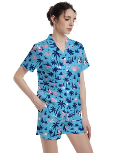 Image of Funny Pajamas for Women Set Print Satin Loungewear Pjs Short Sleeve Button Down Top and Shorts Sets Sleepwear XS-3XL