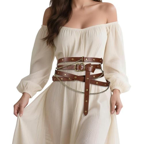 LEACOOLKEY Gürtel Damen Mittelalterlicher Wikinger Kettengürtel Gürtel mit Metallkette Gothic Piraten Verstellbarer Vintage Dünngürtel Retro