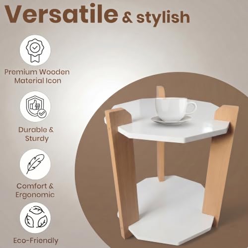 Image of Modern Octagon Side Table, Home Decor for Living Room, Bed Side Tables for Bed Room, stools for Home, Furniture for Home, 2-Tier White Shelves