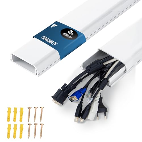 shinfly Canalina TV 0.4m – Canaline in PVC per Copricavo da Parete, Nasconde Fino a 1~10 Cavi, Canalina Autoadesiva – Ideale per l'installazione di TV – 40cm(L) x60mm(l) x18mm(h) - Bianco