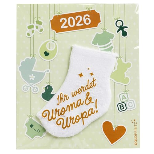 goldprintz I Ihr werdet Uroma und Uropa I 2026 Geburt I Schwangerschaft verk&uuml;nden mit Babysocken-Postkarte I goldig bedruckte Erstlingssocke I kreatives Geschenk I wir bekommen ein Baby