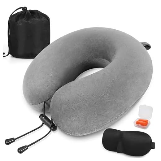 Cuscino da viaggio, Cuscino collo in memory foam, Cuscino di supporto, Cuscino Cervicale da Viaggio per Auto, Viaggio con Maschera per gli Occhi e Tappi per le Orecchie, Borsa da Viaggio (Grigio)