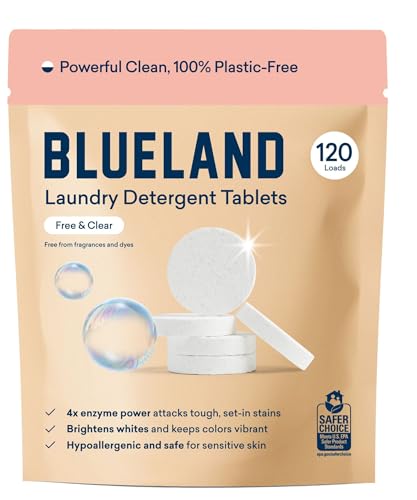 BLUELAND Laundry Detergent Tablets, 120 Count, Plastic-Free Eco-Friendly Pods, Sheets, Liquid Alternative - Fragrance Free and Clear, Natural, Gentle