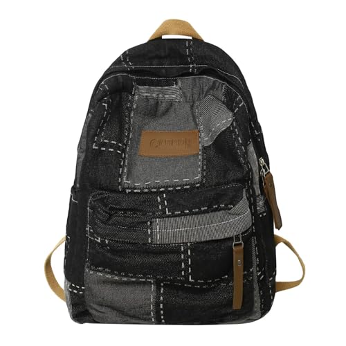 Denim Backpack for Women, Y2K Grunge Aesthetic Canvas Daypack, Stylish Durable Jean Backpack, Vintage Rucksack for Travel Casual Use (Black)