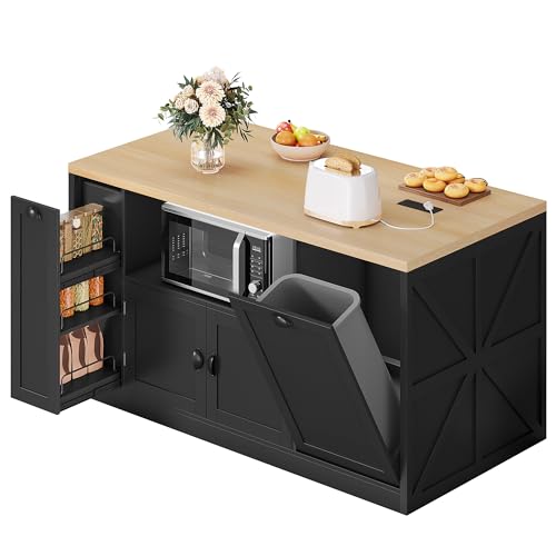 Homiflex Kitchen Island with Storage, 63' W Large Island Table with Trash Can, Farmhouse Kitchen Islands with Power Outlet/LED, Rolling Kitchen Cart with Storage for Dining Room, Black
