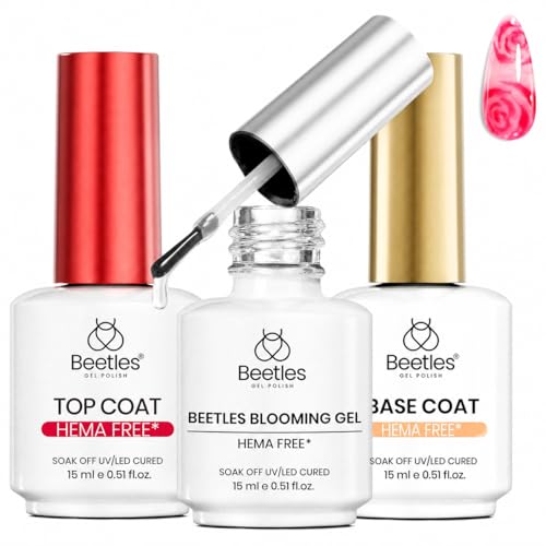Image of Beetles Blooming Gel & Base Top Coat Set 3PCS 15ml HEMA Free, Quick Spreading Marble Effect No Wipe Top Coat Long Lasting Soak Off UV LED Gel Nail Polish Kit for Nail Art DIY Gifts for women