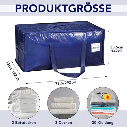 Dntorx 4 Stück 90L Aufbewahrungstasche, Heavy-Duty Umzugstaschen Umzugskartons Große mit Reißverschluss Griff Faltbar Aufbewahrungsbox für Umzug Camping Bettwäsche Kleidung Aufbewahrung (Blau)