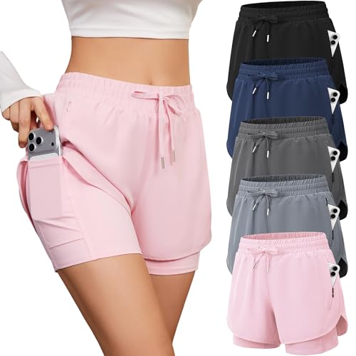 CE' CERDR 5 Pack Women's 2 in 1 Running Shorts High Waisted Athletic Workout Short for Gym Yoga with...