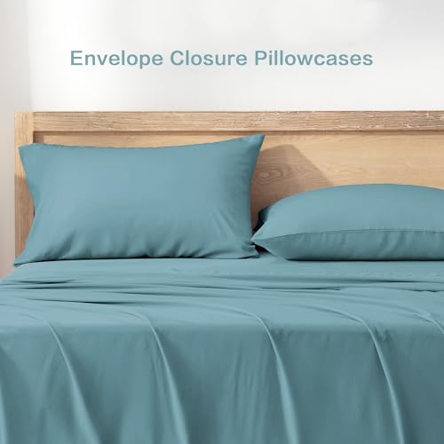 Image of Andency Grayish Teal Queen Sheets Set 100% Viscose Derived from Bamboo | Cooling Summer Sheets, Deep Pocket Up to 16 inch, Silky Soft Hotel Luxury Breathable Bedding Sheets & Pillowcases