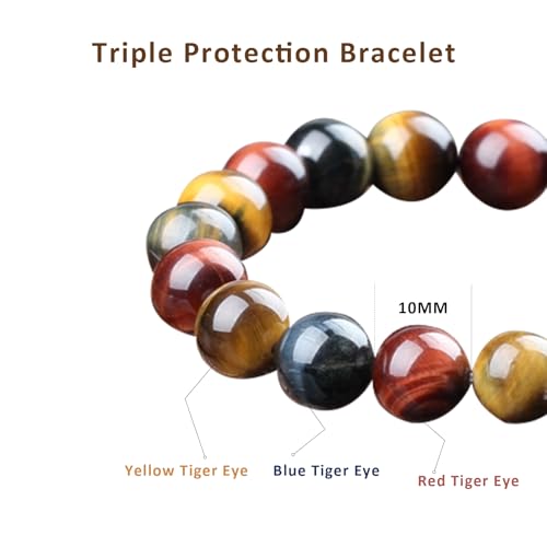 Tiger Eye Bracelets for Women Men, Triple Protection Chakra Beaded Bracelet, Relax Anxiety Healing Crystal Bracelet Jewelry for Balance, Natural Gemstones Bracelets Gifts for Women Birthday2