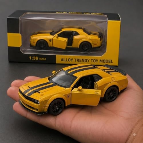 Image of Royals hub Die-Cast Metal Sports Car Toy for Kids,1:36 Scale Dodge Challenger Pull Back Toy Car with Light & Sound Realistic Interior, Premium Car Model for Boys & Girls【Colors as Per Stock】