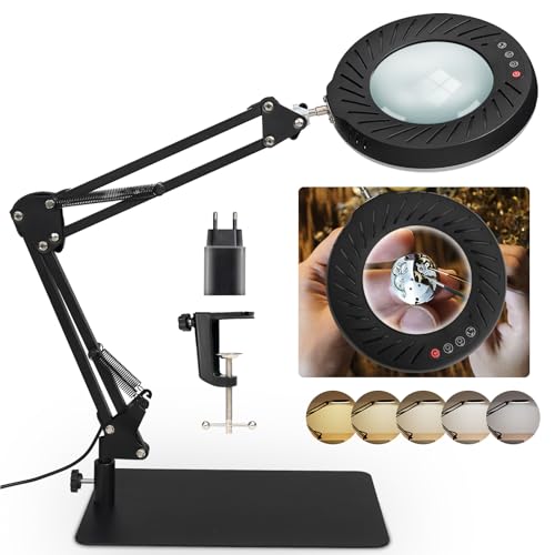RealPlus 10X Lente Ingrandimento con Luce [Con Base e Clip], Lampada con Lente di Ingrandimento, Braccio Telescopico, 5 Colore, 10 Luminosità, Ideale per Lavori di Precisione, Riparazione, Lettura