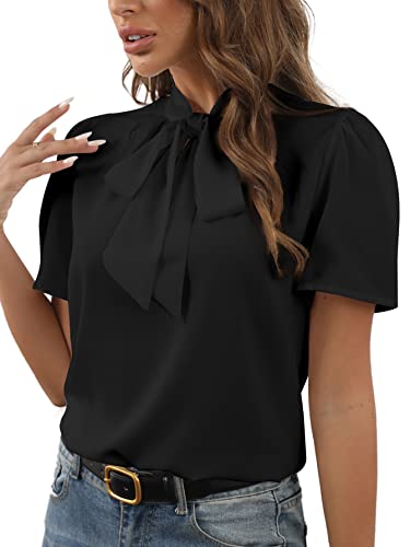 Rooscier Women's Bow Tie Knot Mock Neck Short Sleeve Elegant Workwear Blouse Shirt Top4