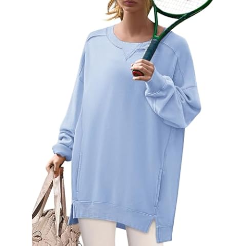 Womens Oversized Sweatshirts Crewneck Long Sleeve Pullover Top Spring Sweaters 2025 Y2K Clothes with Pockets Light Blue Cover