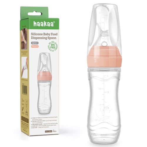 Image of Haakaa Silicone Baby Food Dispensing Spoon Feeder 4oz - Infant Squeeze Cereal Feeder, Baby Fresh Food Feeder, Feed Bottle for Puree, Solid Baby Food, BPA Free, 4m+ Babies – Peach