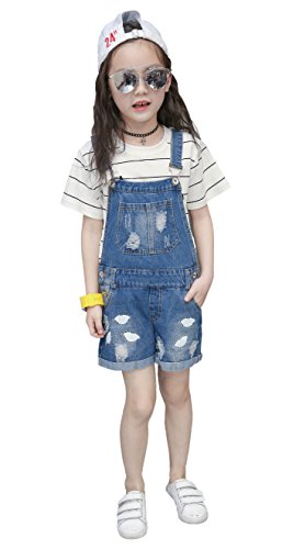 Image of KIDSCOOL SPACE Baby Little Girl Jean Overalls,Big Ripped Denim Shortall