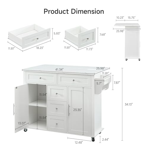 ONBRILL 47\" Kitchen Island with 2 Storage Cabinets & 5 Drawers, Mobile Island Table for Kitchen with Imitation Marble Drop Leaf, Rolling Island Cart with Power Outlet & Spice Rack & Towel Rack, White - Thumbnail 2