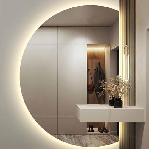 Smart Anti-Fog Touch Button Bathroom Mirror, Tri-Color Dimmable Illuminated, Frameless Half Circle Design, 35"x24", 39"x28" (Left Cut, 28"x39")